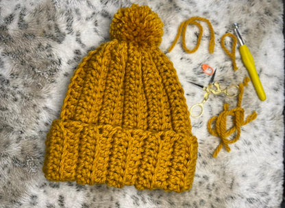 1 Hour Crochet Chunky Hat With Pom Pom | Beginner Friendly Crochet | Ribbed Crochet Toque/Hat